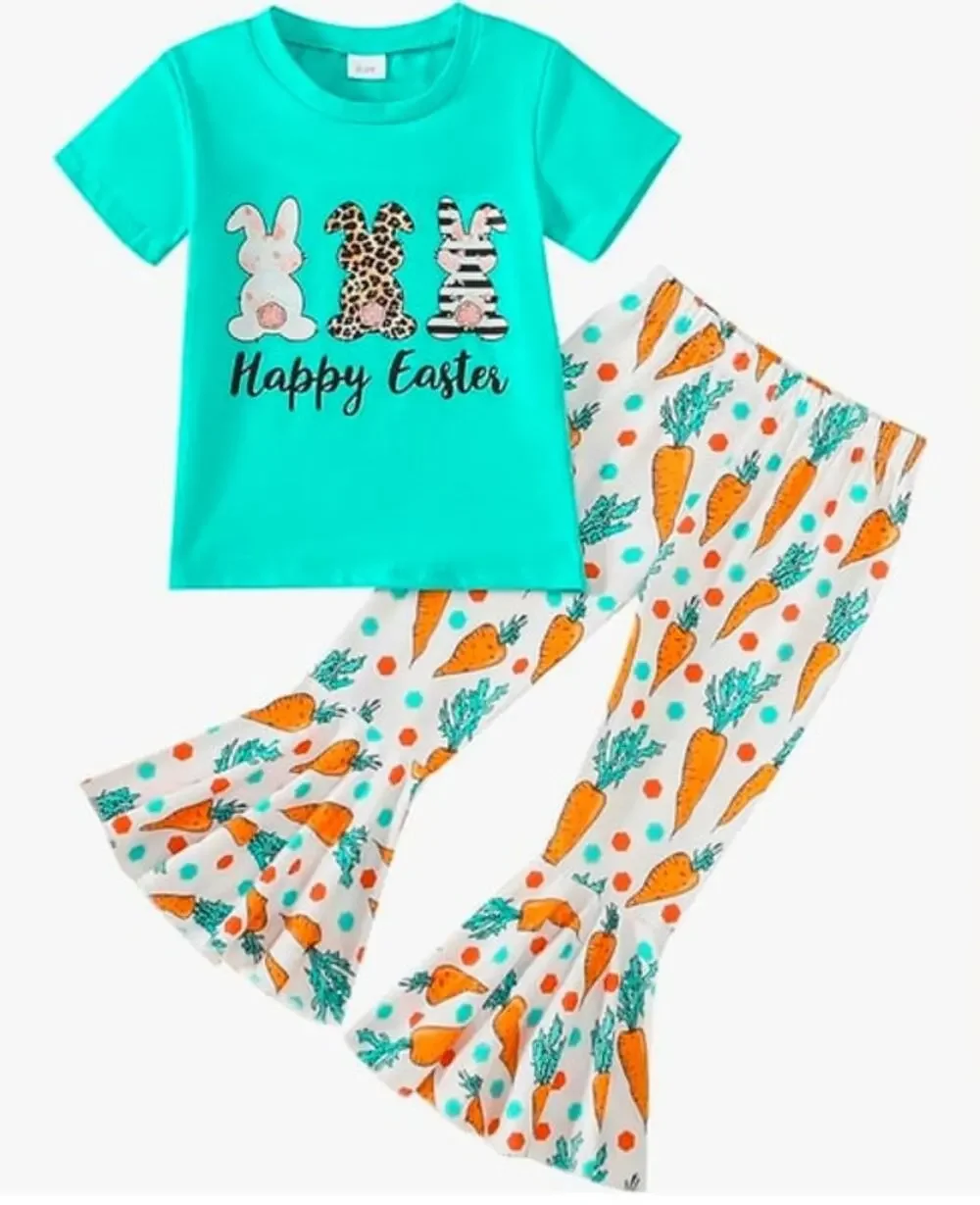Girl's Easter Outfit SS Bunny T-Shirt Flared Bell Bottom Pants Sz 8-9 Yrs